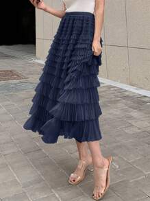 DAZY Chất rắn Nếp may đa lớp Hem Lưới Váy - Màu xanh hải quân - Xem 4