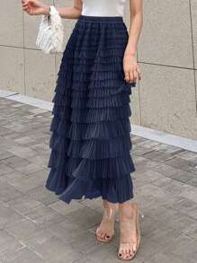 DAZY Chất rắn Nếp may đa lớp Hem Lưới Váy - Màu xanh hải quân - Xem 5