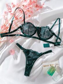 Set de lencería con encaje floral con aro - Verde Oscuro - Ver 1