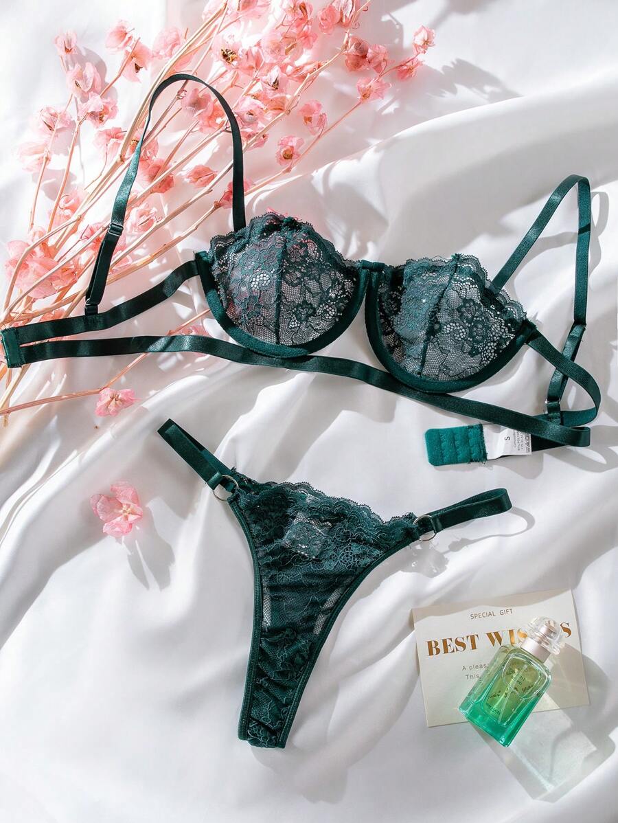Set de lencería con encaje floral con aro - Verde Oscuro - Ver 1