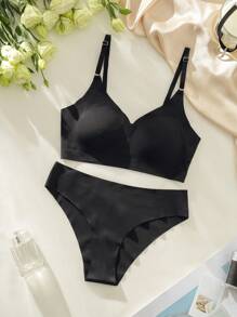 Solid Lingerie Set - Black - View 4