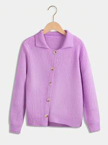 SHEIN Tween Girl Ribbed Knit Button Front Cardigan - Purple - View 1