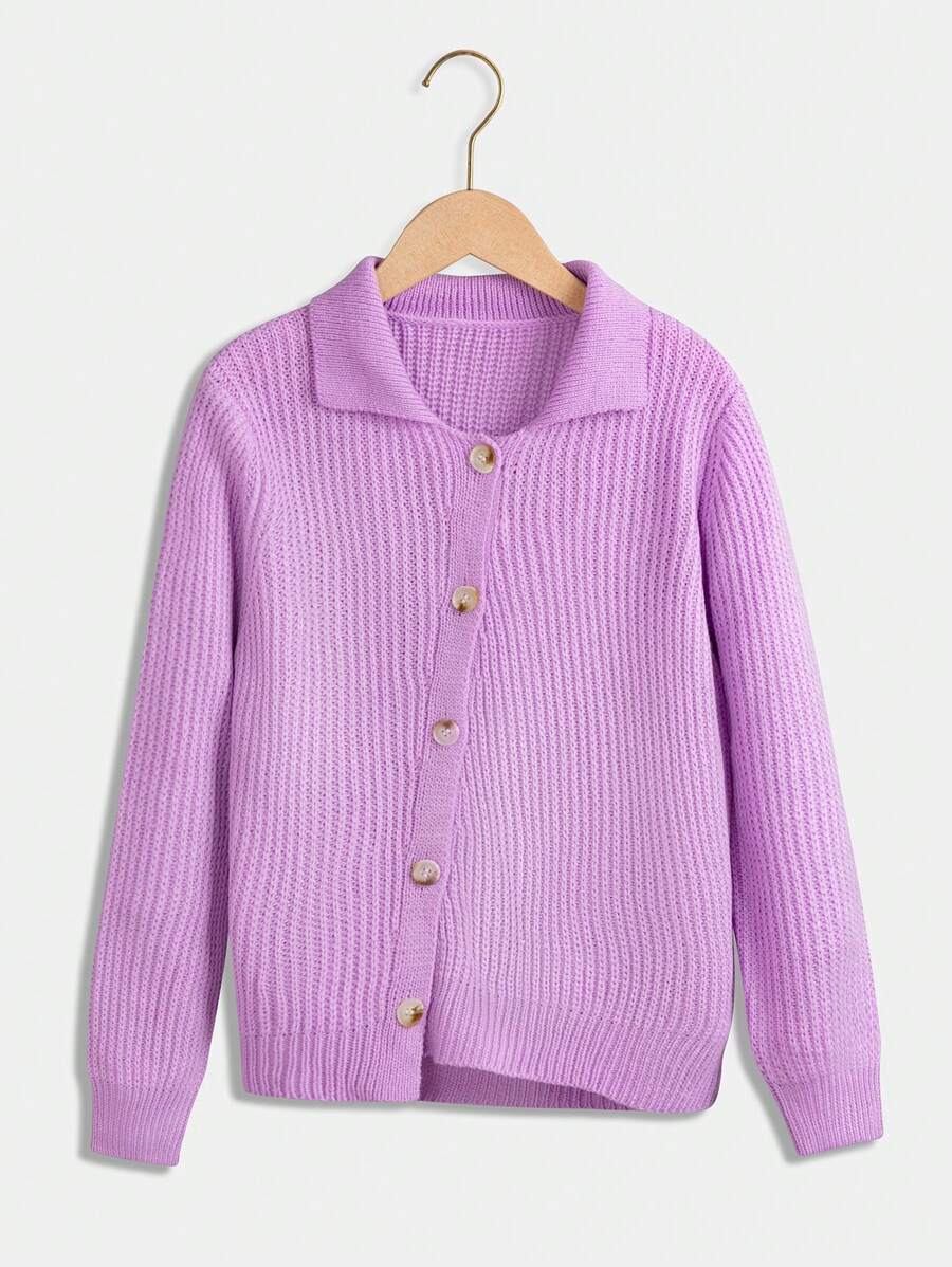 SHEIN Tween Girl Ribbed Knit Button Front Cardigan - Purple - View 1