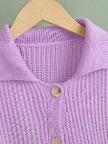 SHEIN Tween Girl Ribbed Knit Button Front Cardigan - Purple - View 5