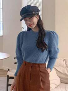 DAZY 纯色羊腿袖毛衣，秋装 - 藍色 - 查看 1