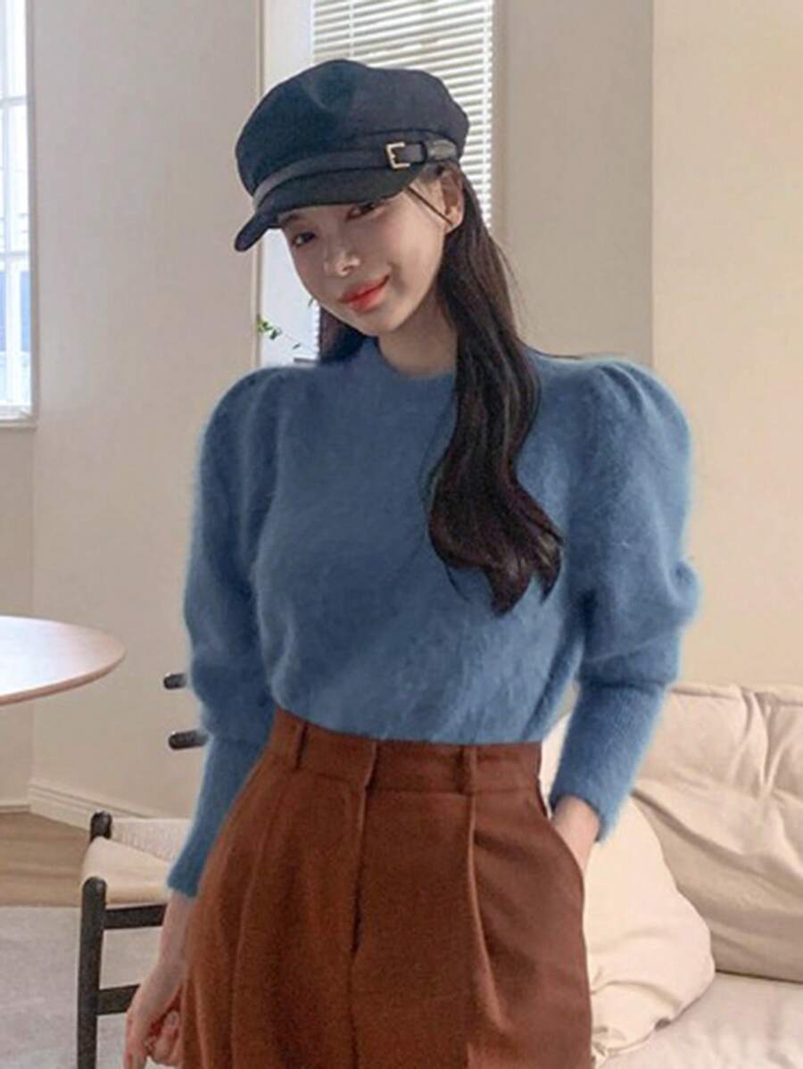 DAZY 纯色羊腿袖毛衣，秋装 - 藍色 - 查看 1