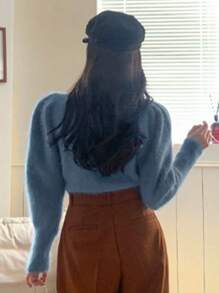 DAZY 纯色羊腿袖毛衣，秋装 - 藍色 - 查看 2