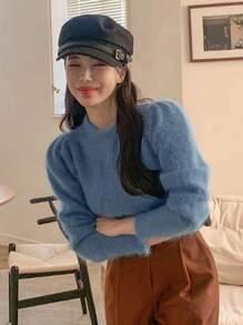 DAZY 纯色羊腿袖毛衣，秋装 - 藍色 - 查看 3