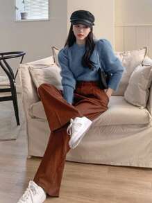 DAZY 纯色羊腿袖毛衣，秋装 - 藍色 - 查看 4