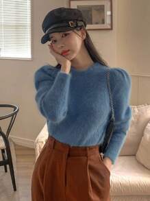 DAZY 纯色羊腿袖毛衣，秋装 - 藍色 - 查看 5