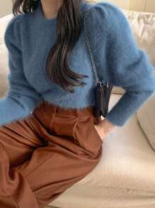 DAZY 纯色羊腿袖毛衣，秋装 - 藍色 - 查看 6