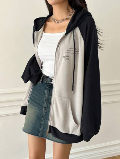 DAZY Slogan Graphic Raglan Sleeve Drawstring Zipper Hoodie Collect BEAUTIFUL Appreciate GOOD THINGS To Appreciate GOOD THINGS Collect Seeing Is Believing Tomorrow And The Future,Long Sleeve Tops Sweatshirt Jacket