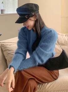 DAZY 纯色羊腿袖毛衣，秋装 - 藍色 - 查看 8
