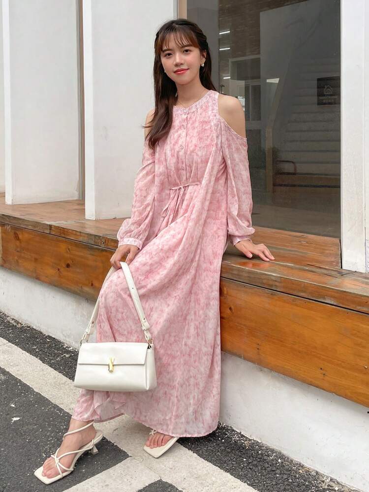Cold Shoulder Lantern Sleeve Drawstring Waist Dress Sundress,Fall Dress Long Sleeve Dress