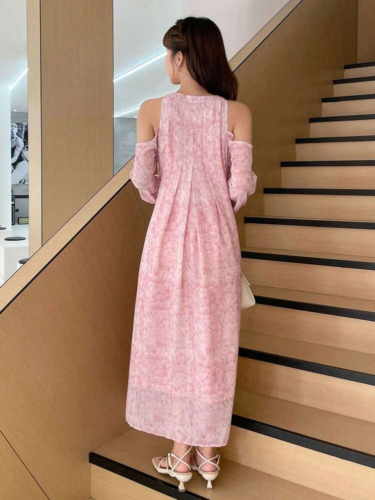 Cold Shoulder Lantern Sleeve Drawstring Waist Dress Sundress,Fall Dress Long Sleeve Dress