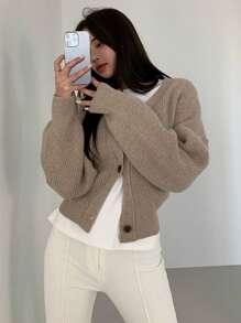DAZY Drop Shoulder Button Front Cardigan,Long Sleeve Tops,Fall Clothes Jacket - Khaki - View 1