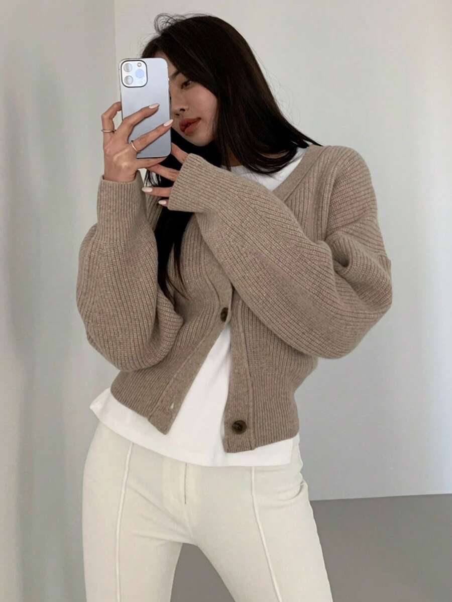 DAZY Drop Shoulder Button Front Cardigan,Long Sleeve Tops,Fall Clothes Jacket - Khaki - View 1