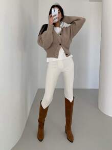 DAZY Drop Shoulder Button Front Cardigan,Long Sleeve Tops,Fall Clothes Jacket - Khaki - View 4