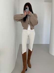 DAZY Drop Shoulder Button Front Cardigan,Long Sleeve Tops,Fall Clothes Jacket - Khaki - View 5