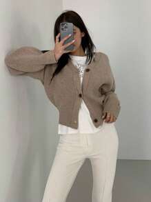 DAZY Drop Shoulder Button Front Cardigan,Long Sleeve Tops,Fall Clothes Jacket - Khaki - View 6