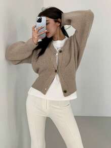 DAZY Drop Shoulder Button Front Cardigan,Long Sleeve Tops,Fall Clothes Jacket - Khaki - View 7
