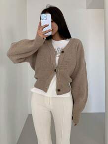 DAZY Drop Shoulder Button Front Cardigan,Long Sleeve Tops,Fall Clothes Jacket - Khaki - View 8