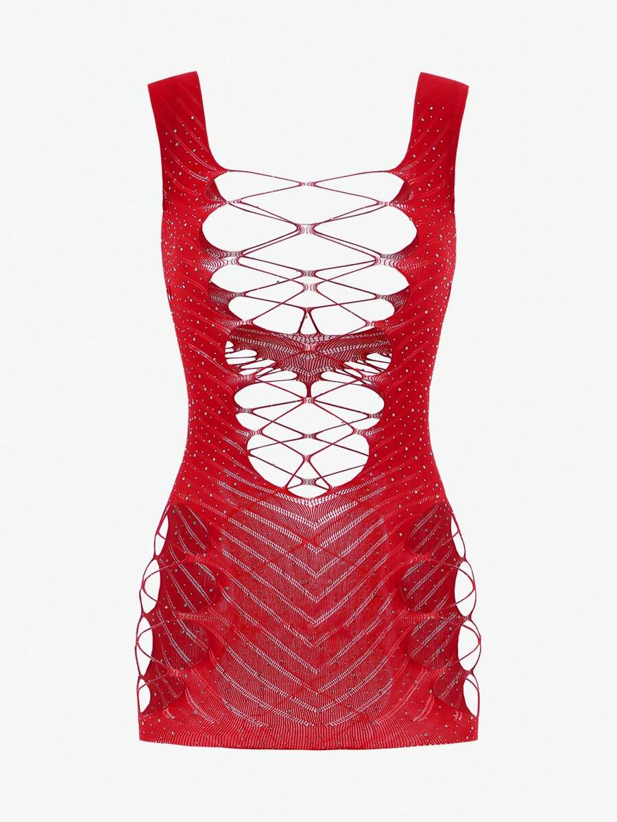 Classic Sexy Vestido con diamante de imitación tachuela con abertura - Rojo - Ver 1