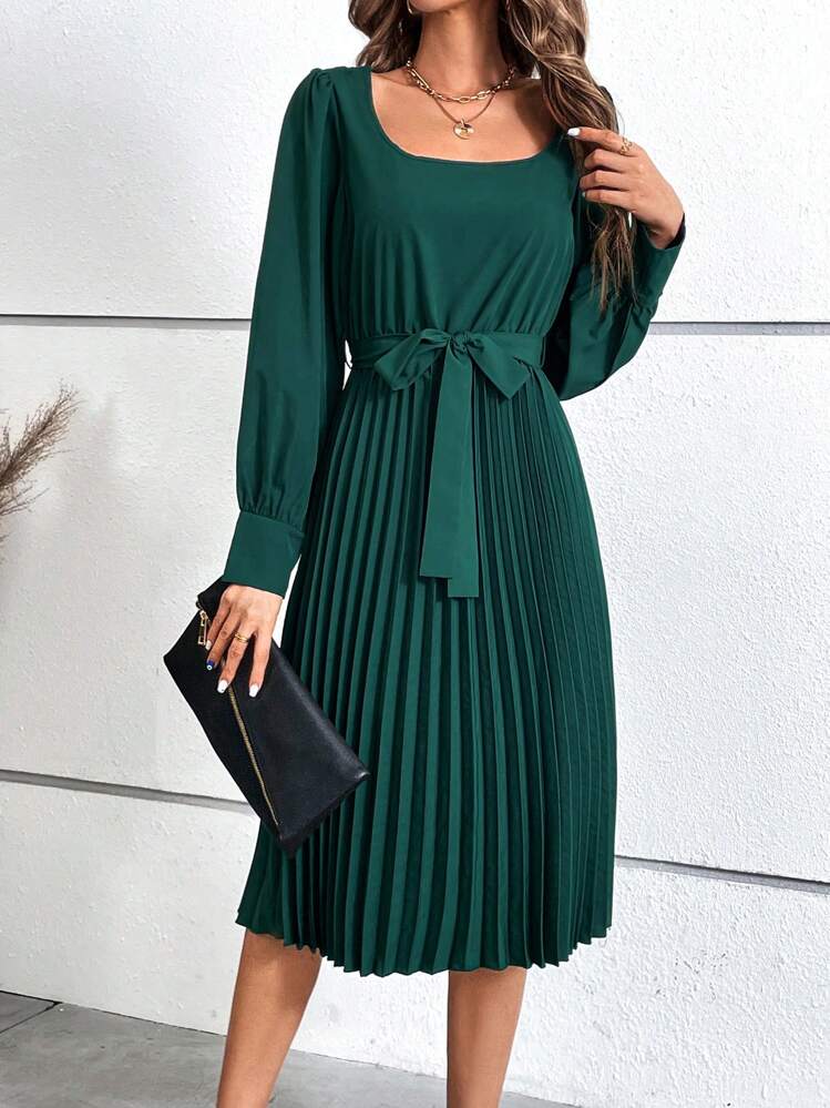 SHEIN Privé Scoop Neck Pleated Hem Belted Dress | SHEIN USA