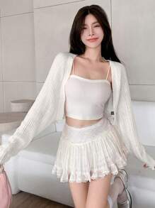 DAZY Chất rắn Mở Mặt trước Cắt sửa áo lông cừu - trắng - Xem 5