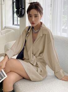 DAZY Solid Drop Shoulder Shirt,Fall Clothes Long Sleeve Top