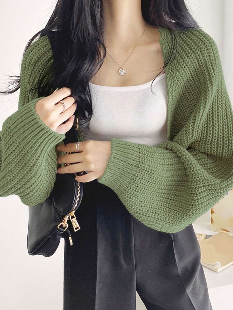 DAZY Solid Open Front Crop Cardigan - Green - View 1