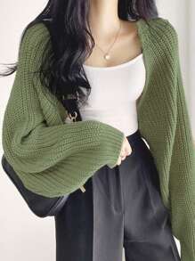 DAZY Solid Open Front Crop Cardigan - Green - View 2