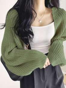 DAZY Solid Open Front Crop Cardigan - Green - View 4