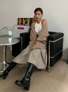 DAZY Áo len cardigan dệt kim thiết kế thường ngày - màu nâu - Xem 7