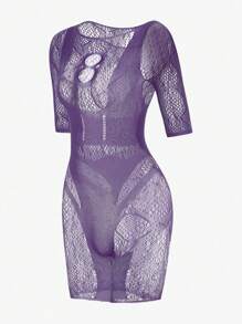 Cut Out Fishnet Bodycon Dress Lingerie Without Liner - Violet Purple - View 5