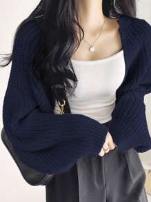 DAZY 純色開襟短款針織開衫 - 藏蓝色 - 查看 4