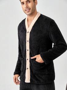 Men Contrast Trim Dual Pocket Teddy Lounge Top - Black - View 5