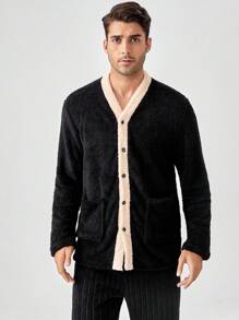 Men Contrast Trim Dual Pocket Teddy Lounge Top - Black - View 1