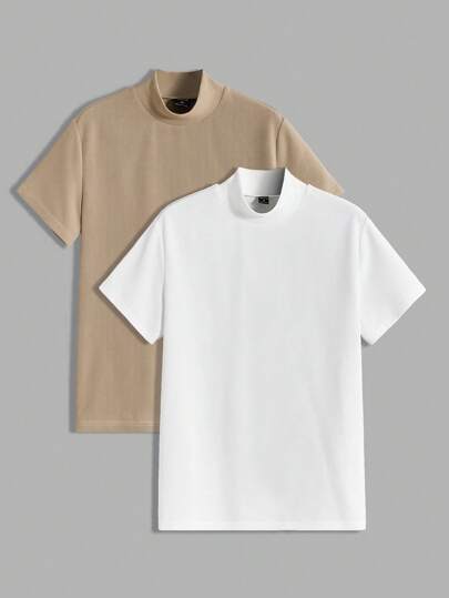 Manfinity BRENVOR Men 2pcs Mock Neck Basic Plain Short Sleeve Tee, Boyfriend Gift, For Work