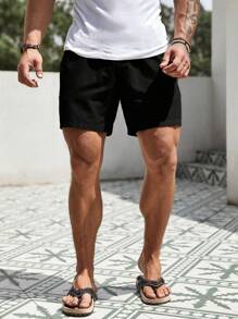 Manfinity RSRT Pantalones Cortos Anchos De Color Sólido Para Hombre Con Cintura De Cordón - Negro - Ver 4