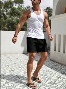 Manfinity RSRT Pantalones Cortos Anchos De Color Sólido Para Hombre Con Cintura De Cordón - Negro - Ver 6