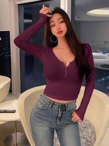 DAZY Chất rắn Nút phía trước Áo phông Crop - Màu Đỏ Sâu - Xem 3