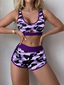 迷彩印花镂空比基尼套装，适合夏季海滩度假 - 彩色 - 查看 1