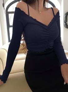 DAZY Camiseta de hombros descubiertos fruncido - Azul Marino - Ver 2