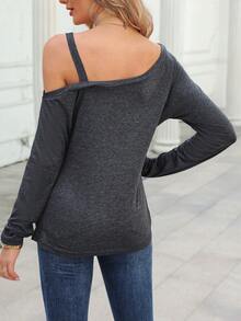 SHEIN LUNE Asymmetrical Neck Button Detail Tee - Dark Grey - View 2