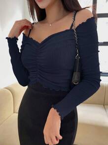 DAZY Camiseta de hombros descubiertos fruncido - Azul Marino - Ver 4