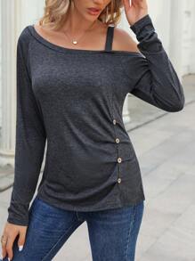 SHEIN LUNE Asymmetrical Neck Button Detail Tee - Dark Grey - View 3