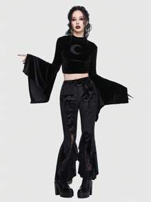 ROMWE Goth Moon Print Flare Sleeve Velvet Tee - Black - View 3