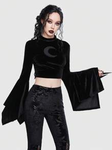 ROMWE Goth Moon Print Flare Sleeve Velvet Tee - Black - View 1