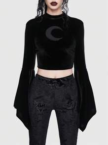 ROMWE Goth Moon Print Flare Sleeve Velvet Tee - Black - View 2